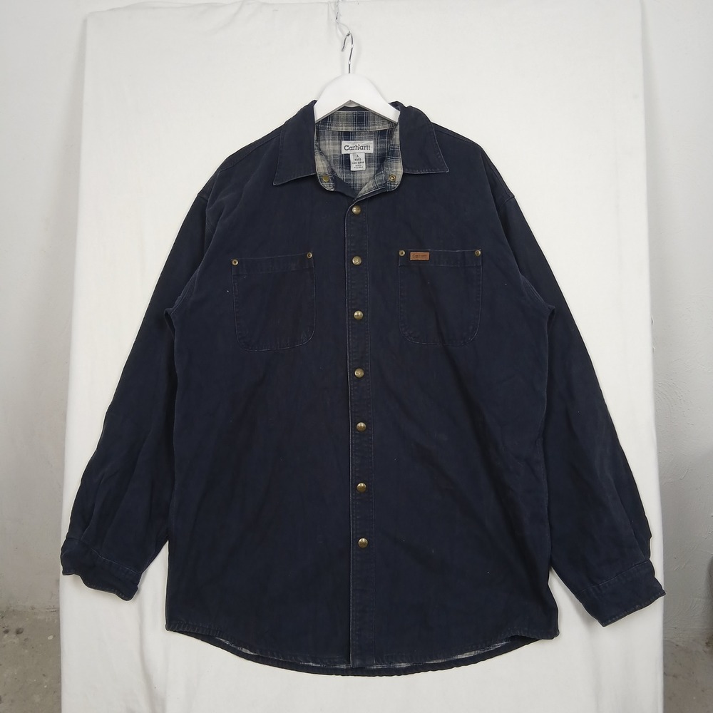 Carhartt Mens Large Tall Flannel Lined Navy Blue Snap Front Shirt Jacket L TALL